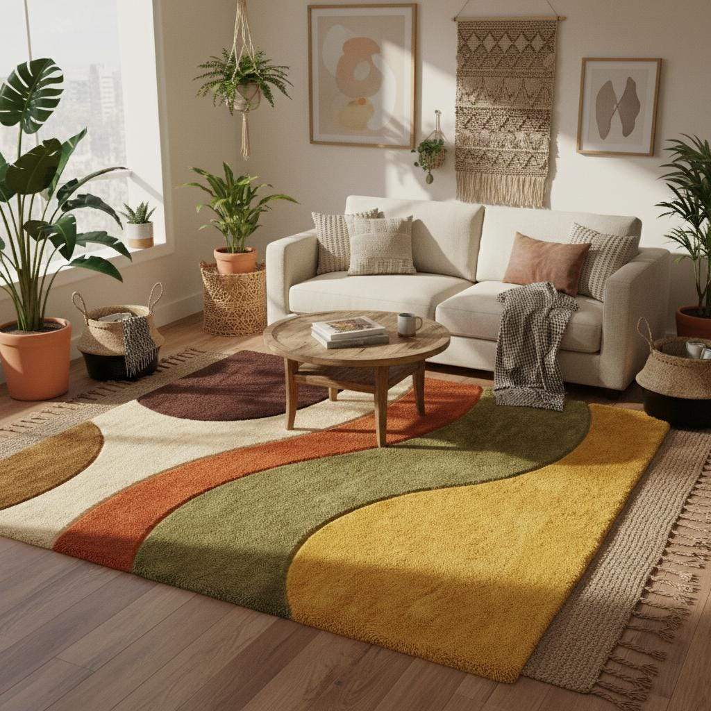 Retro 70s style wavy rug in warm colors, soft plush pile area rug anchoring a cozy seating corner with indoor plants and floor-to-ceiling drapes.