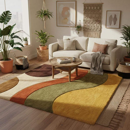 Retro 70s style wavy rug in warm colors, soft plush pile area rug anchoring a cozy seating corner with indoor plants and floor-to-ceiling drapes.