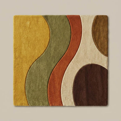 Geometric waves rug in mustard, green, orange and brown, modern mid century inspired carpet perfect for living room or reading nook interior styling.