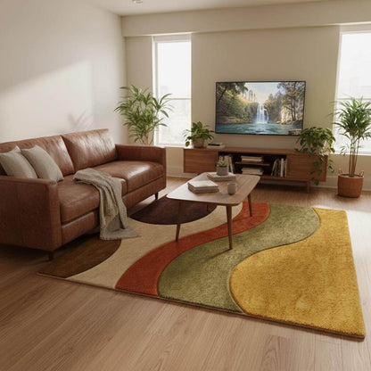 Cozy retro living room with abstract mid century modern rug on wooden floor, wavy earth tone pattern under a mustard yellow armchair and houseplants.