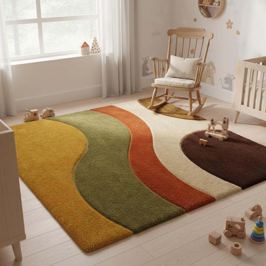 Mid Century Modern Wavy Area Rug – Earth Tones Abstract Carpet