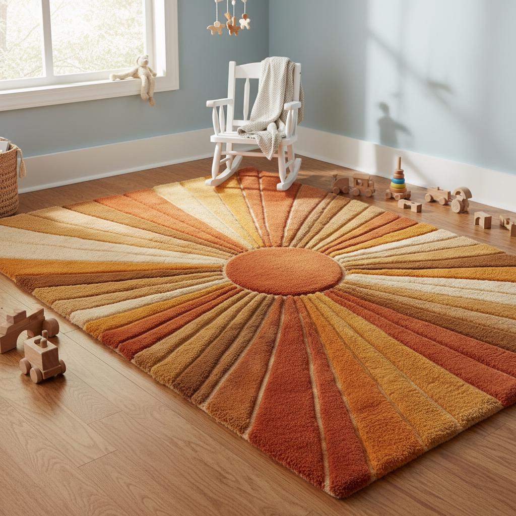 Mid Century Sunburst Retro Hand Tufted Wool Rug in Warm Earth Tones