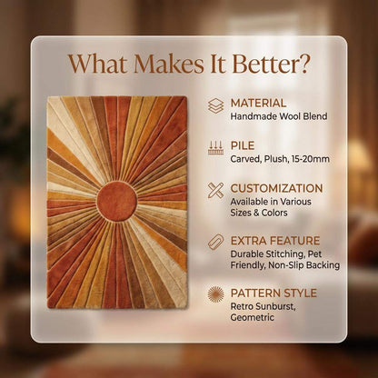 Mid Century Sunburst Retro Hand Tufted Wool Rug in Warm Earth Tones