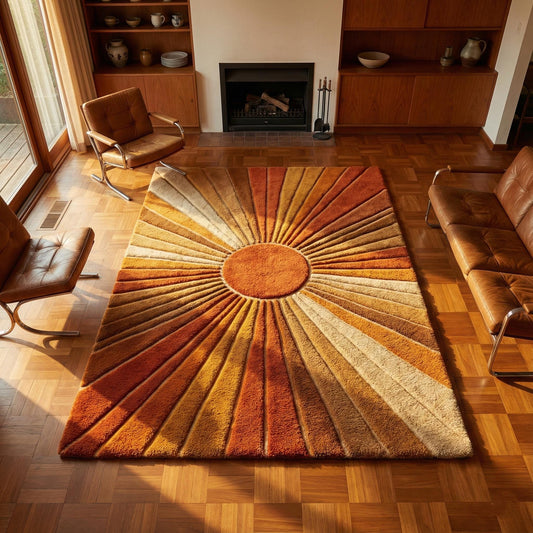 Mid century modern sunburst rug with retro 70s geometric design in warm orange, rust, and mustard tones, styled in a living room with wooden flooring