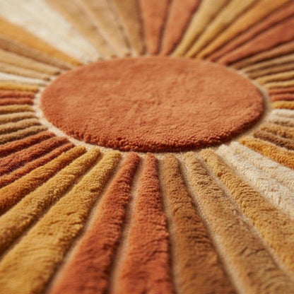 Mid Century Sunburst Rug hand tufted wool with warm earth tone sunburst pattern in living room