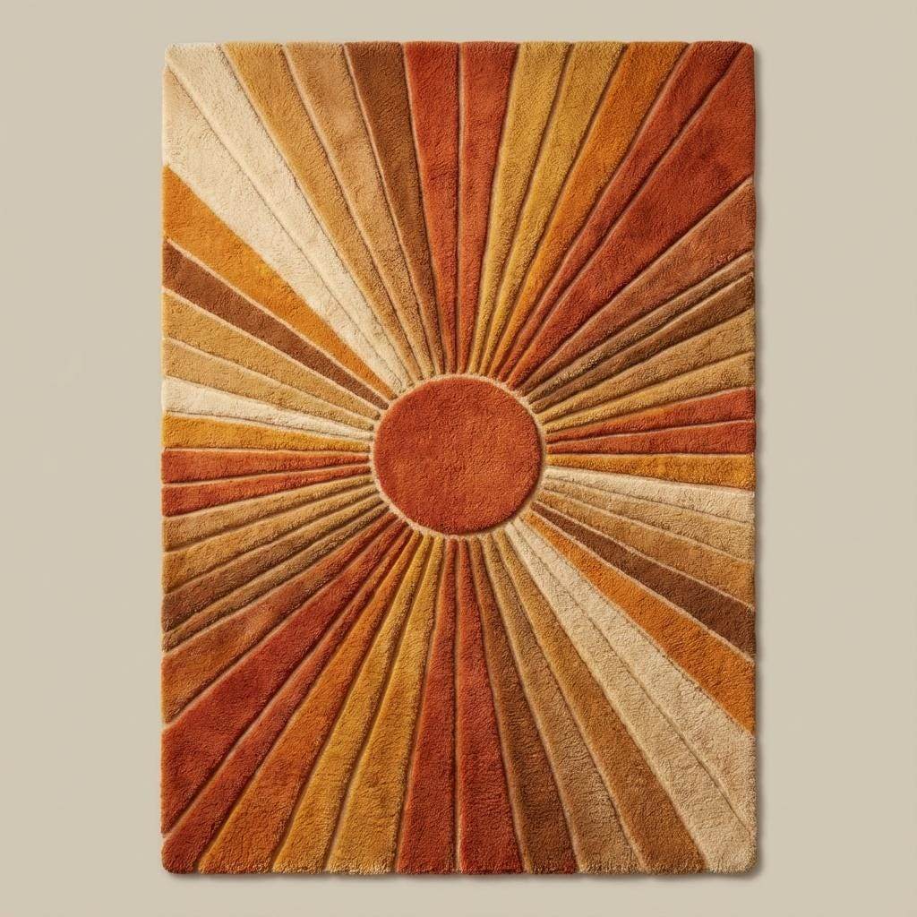 Mid Century Sunburst Rug in warm earth tones with hand tufted wool and bold geometric sunburst design