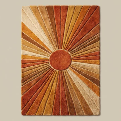 Mid Century Sunburst Rug in warm earth tones with hand tufted wool and bold geometric sunburst design