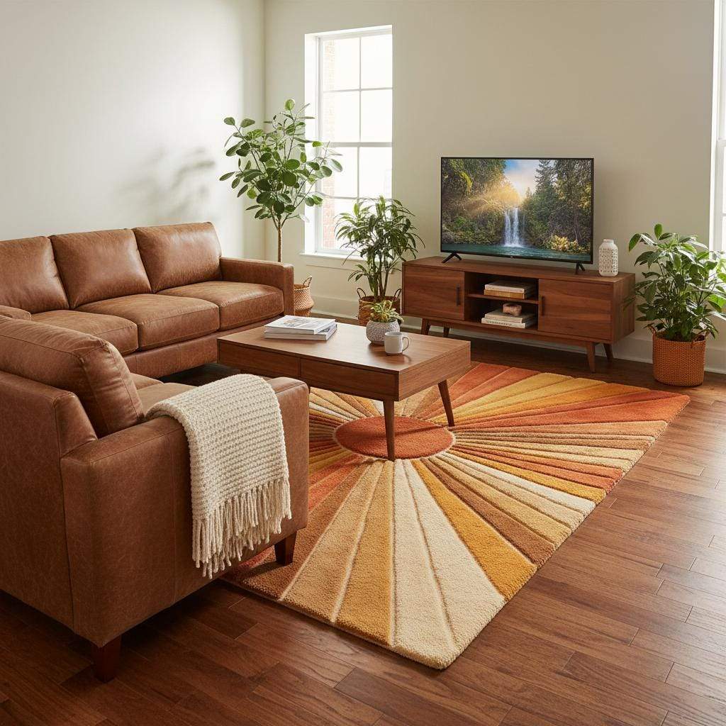 Mid Century Sunburst Rug hand tufted wool with warm earth tone sunburst design