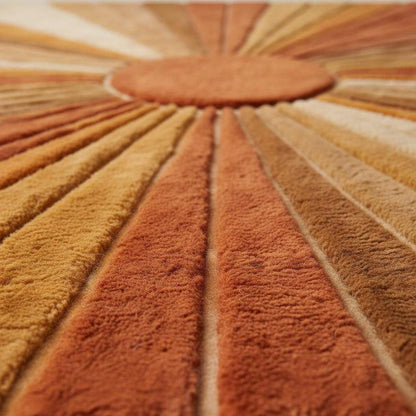 Mid Century Sunburst Rug in warm earth tones with hand tufted wool and bold geometric sunburst design