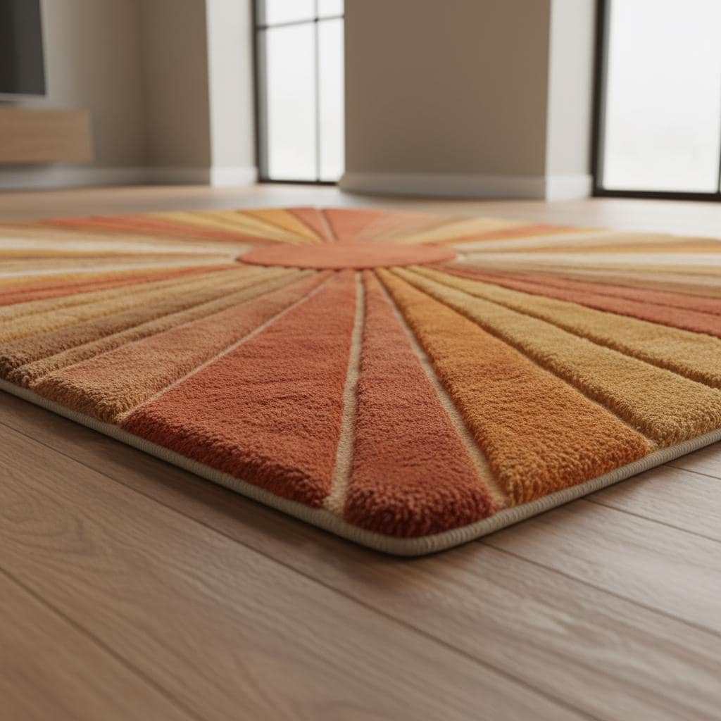 Mid Century Sunburst Rug with warm earth tones and hand tufted wool in radiating sunburst pattern