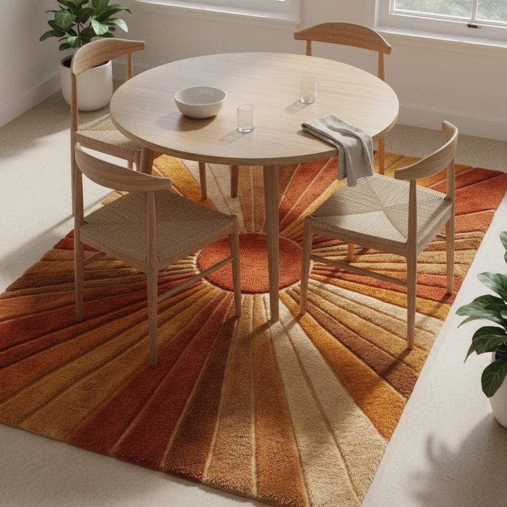 Mid century modern shag rug with orange and brown sun design, statement carpet for stylish living room décor