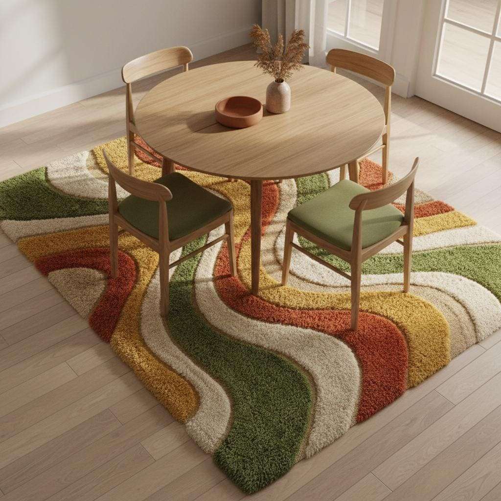 Mid Century Wavy Stripe Wool Area Rug Retro Living Room