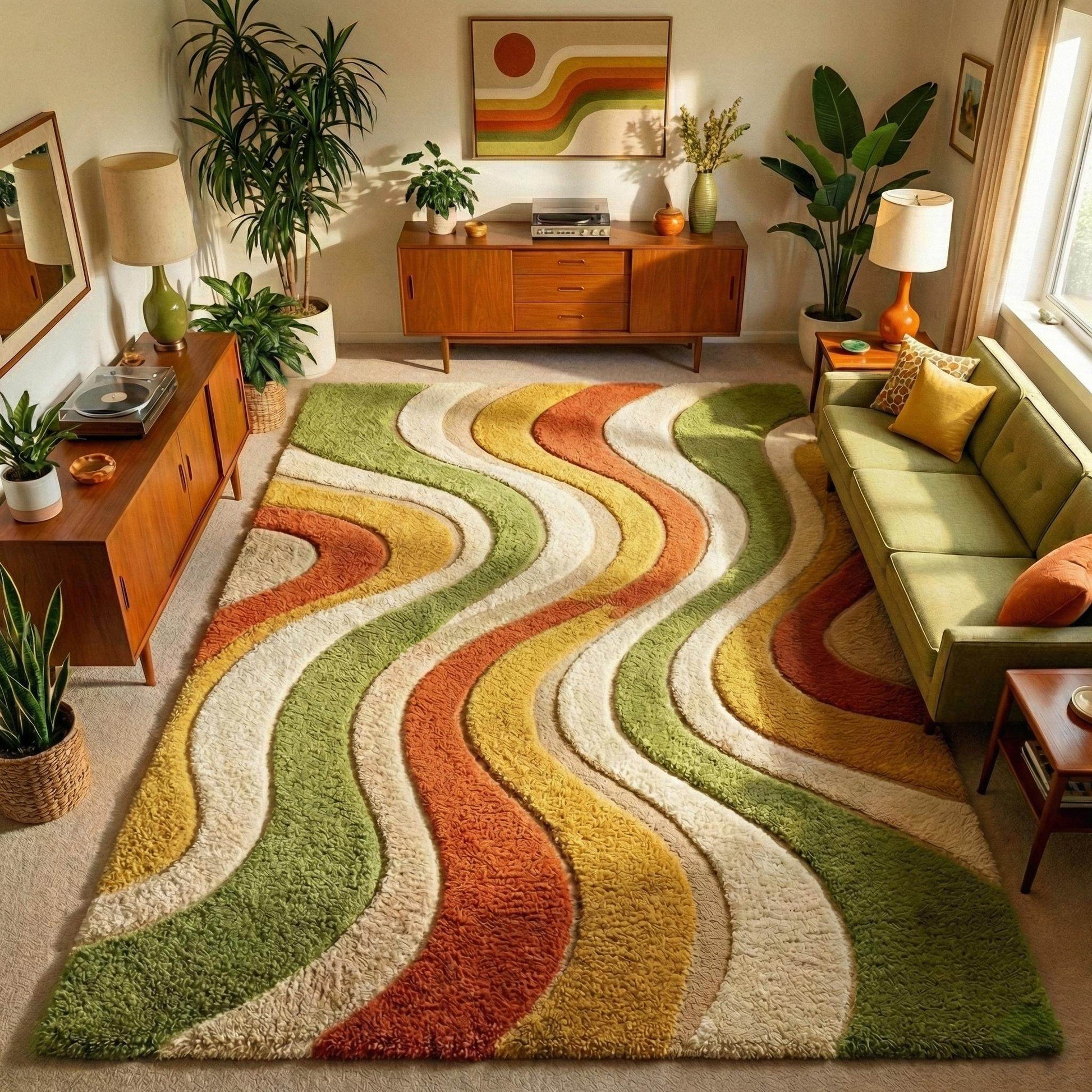 Mid century wavy stripe wool area rug with retro 70s colors in living room