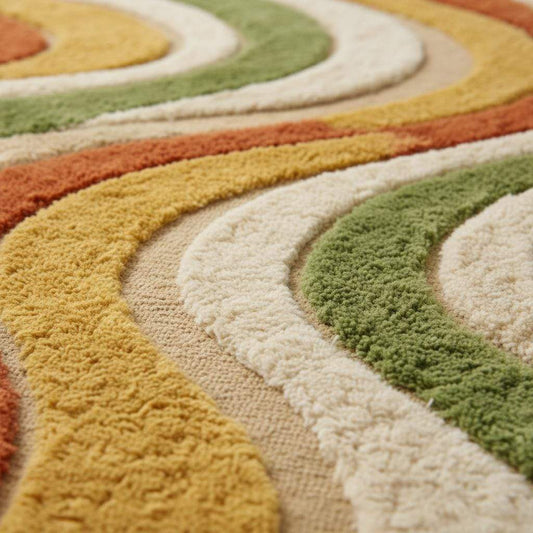 Close-up of plush hand-tufted wool rug showing thick high-pile texture, sculpted wavy stripe pattern and soft yarn fibers