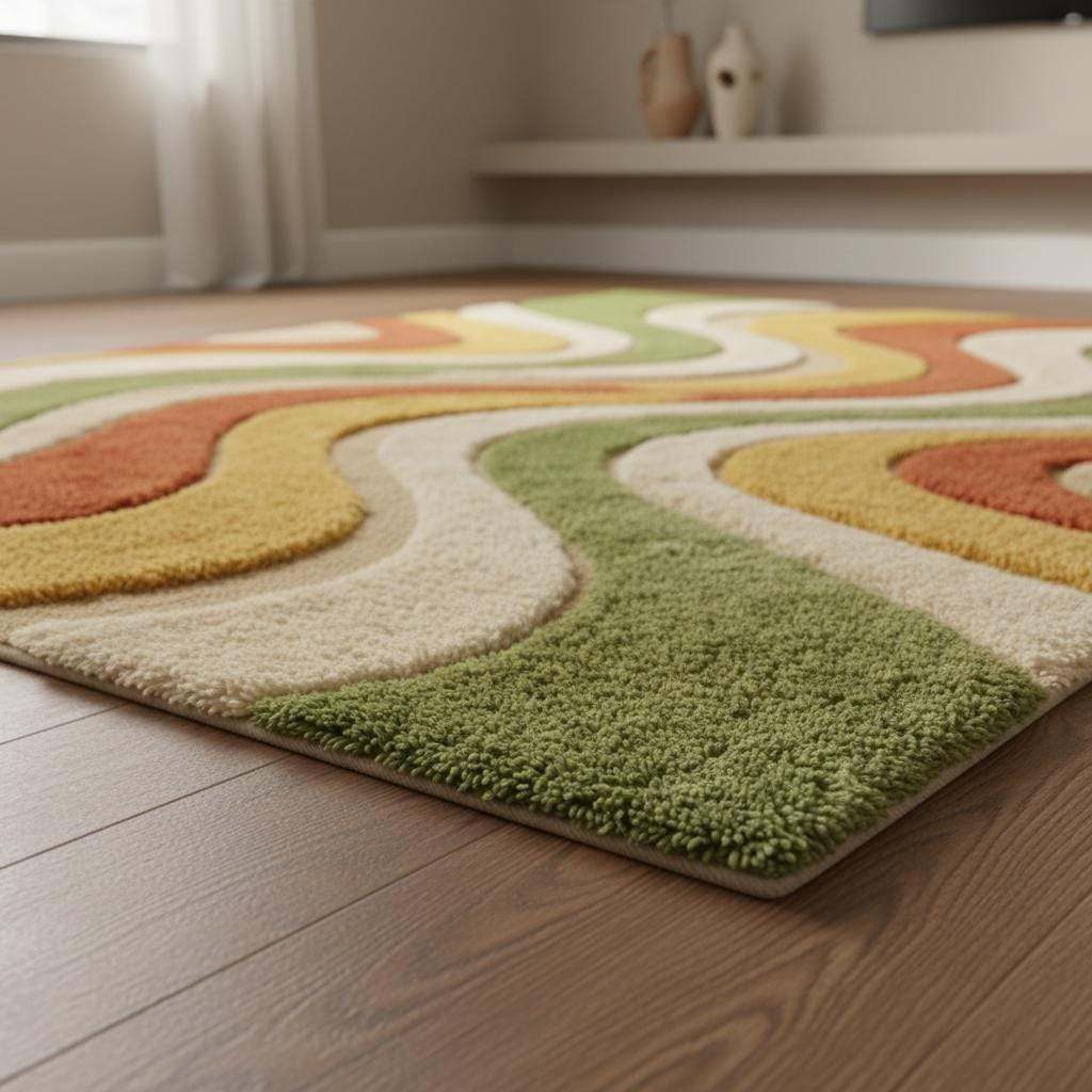 Mid Century Wavy Stripe Wool Area Rug Retro Living Room