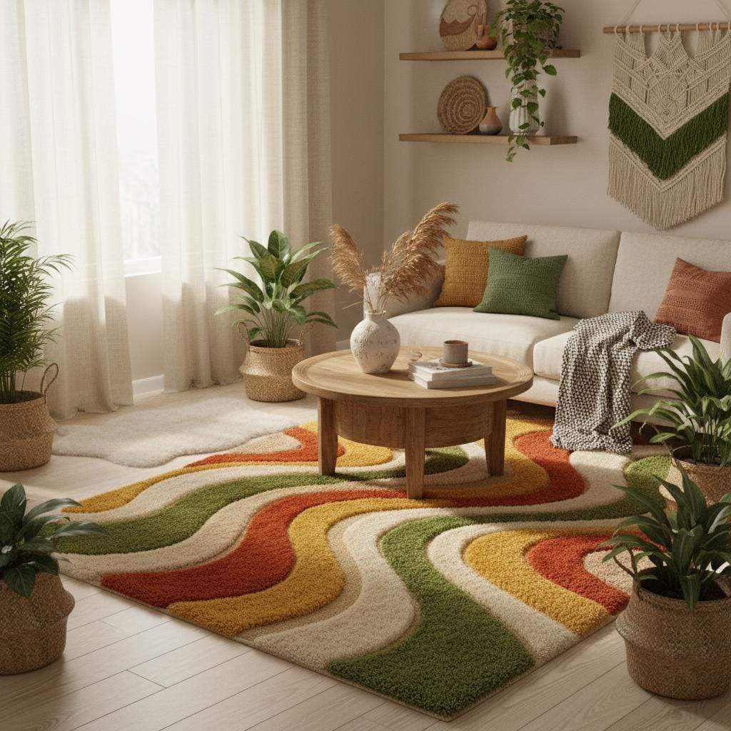 Retro styled living room interior featuring abstract wavy stripe area rug as centerpiece under green sofa