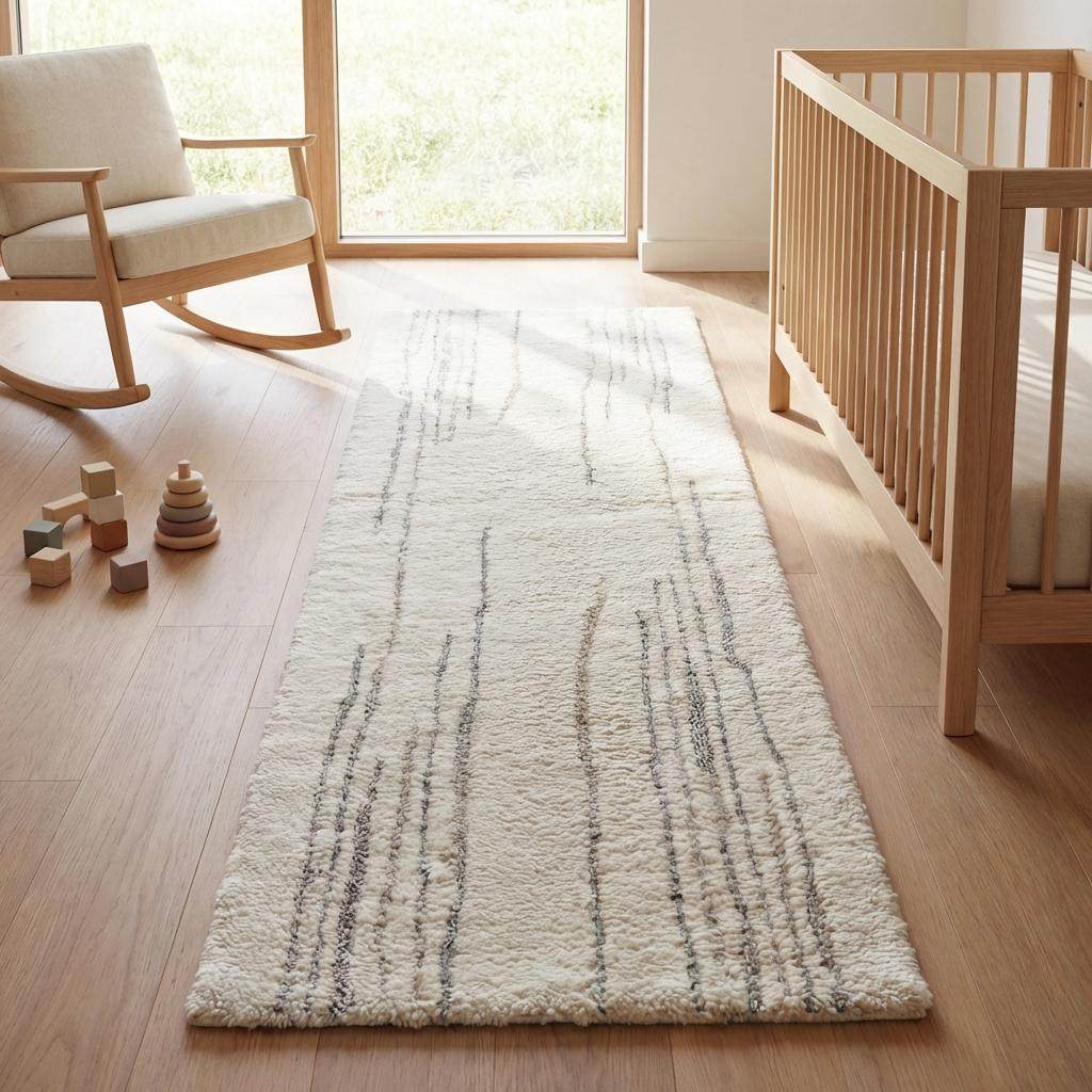 Minimalist cream runner rug with subtle gray lines, hand-tufted wool for kitchen and hallway decor