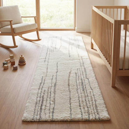 Minimalist cream runner rug with subtle gray lines, hand-tufted wool for kitchen and hallway decor