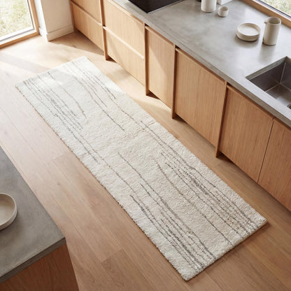 Minimalist cream runner rug wool hand tufted with subtle gray lines for modern kitchen and hallway decor