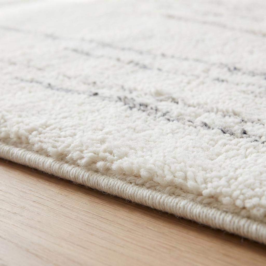 Minimalist cream runner rug with gray accents, hand-tufted wool, modern neutral design for kitchen and hallway decor