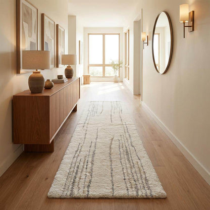 Minimalist cream runner rug hand tufted wool with subtle gray lines for modern kitchen hallway decor