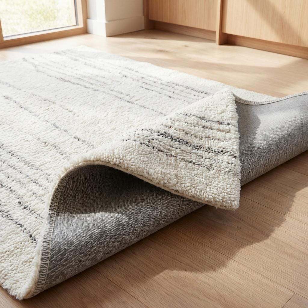Minimalist cream runner rug hand tufted wool with subtle gray accents in modern kitchen hallway decor
