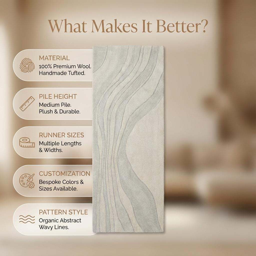 Minimalist Japandi Neutral Runner Rug with Soft Wave Design