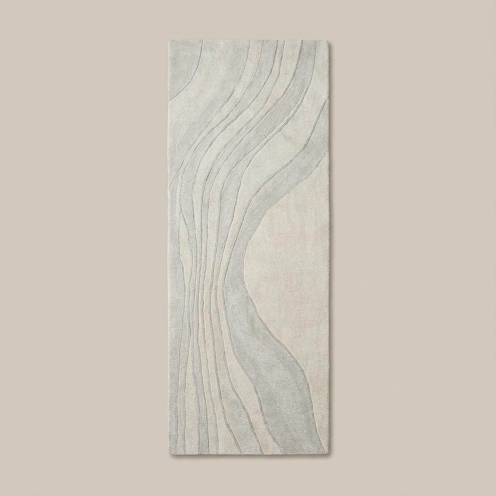 Modern hallway runner rug with subtle wave design and neutral colors, ideal for minimalist and Japandi interiors.
