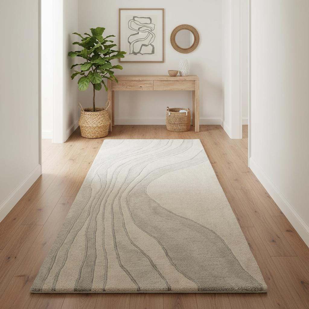 Rectangular runner rug featuring flowing wave lines, clean edges, and a calm neutral color palette.