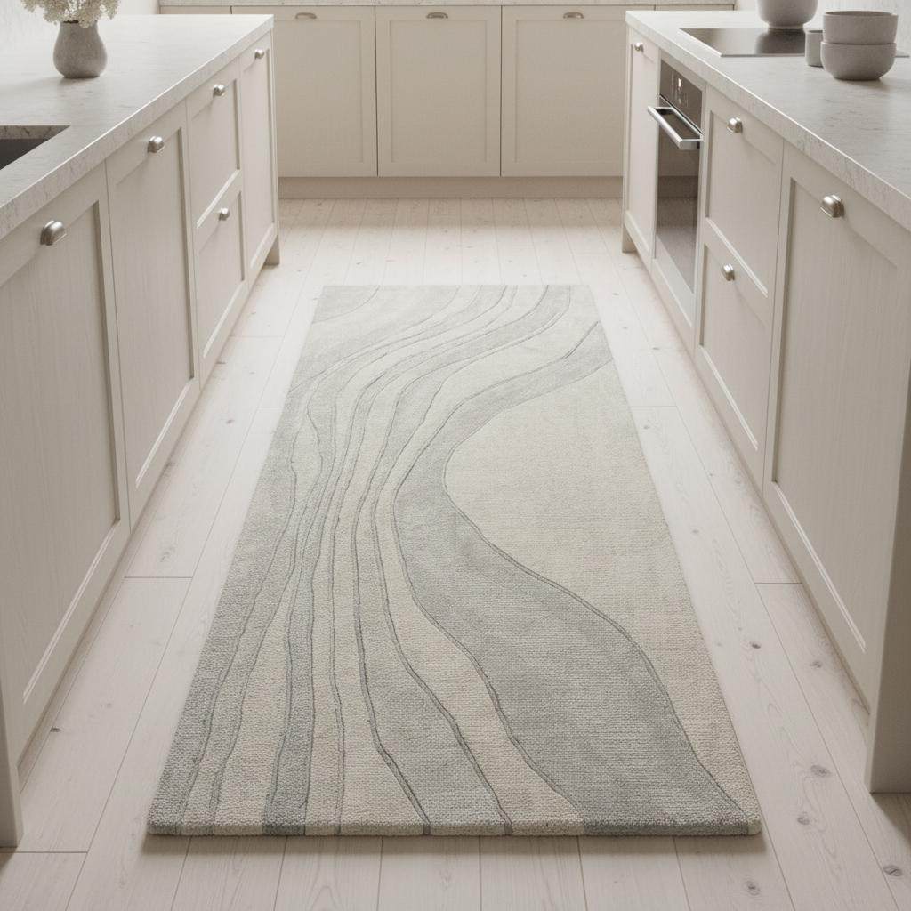 Ivory and beige runner rug with light warm gray accents designed for modern neutral home décor.