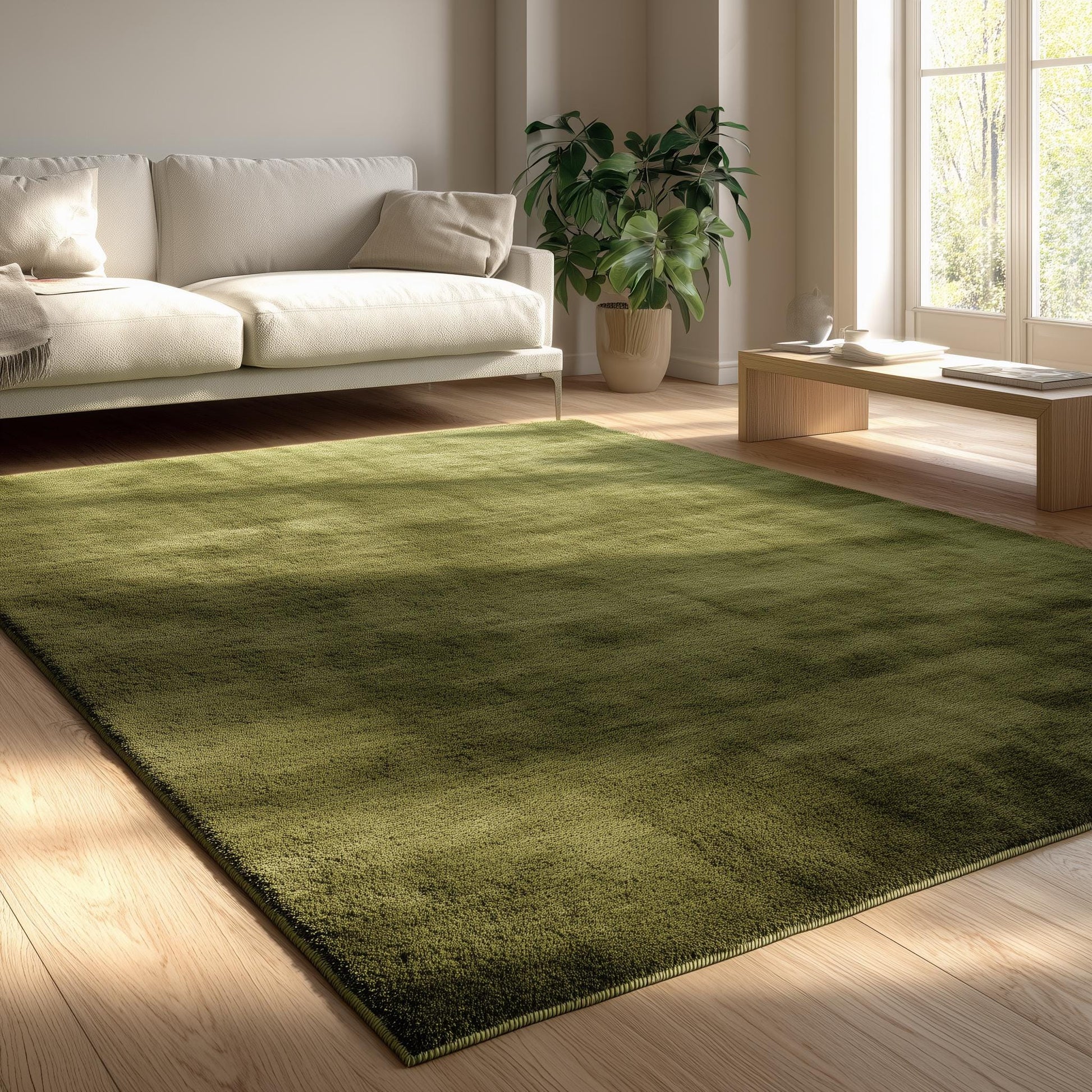 Plush olive green area rug on light wood flooring in a modern living room with beige sofa and potted plant – forest green home décor carpet.