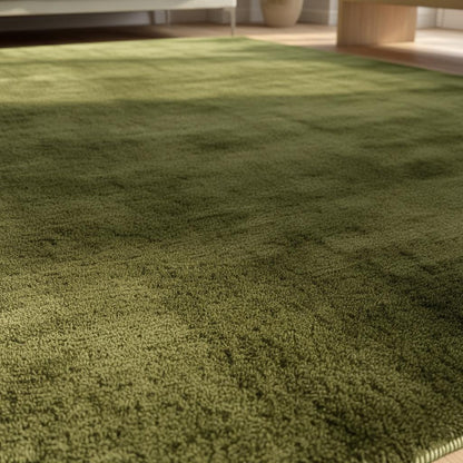 Close-up of plush olive green rug texture