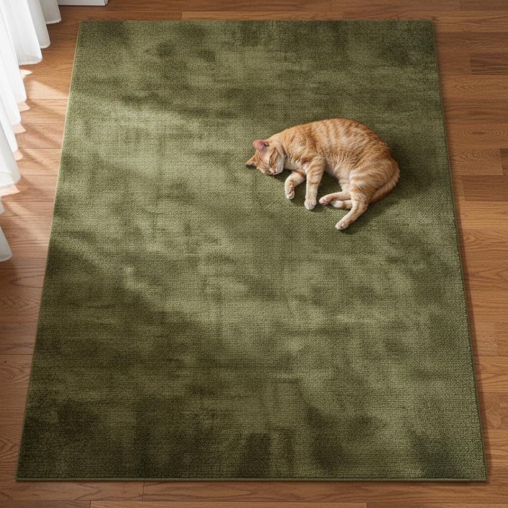 Modern living room décor featuring an olive green area rug, light wood floor, neutral walls and a potted plant – stylish home carpet.