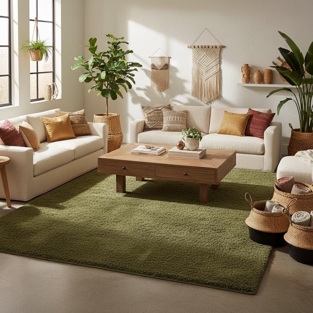 Minimalist Solid Olive Green Plush Area Rug