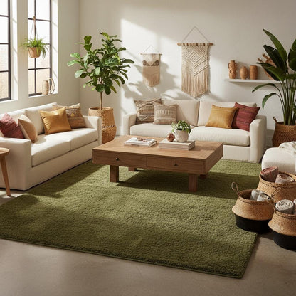 Minimalist Solid Olive Green Plush Area Rug