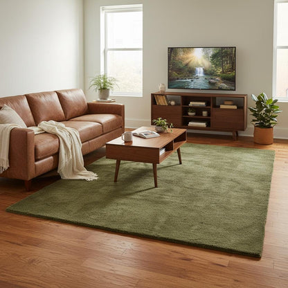 Minimalist Solid Olive Green Plush Area Rug