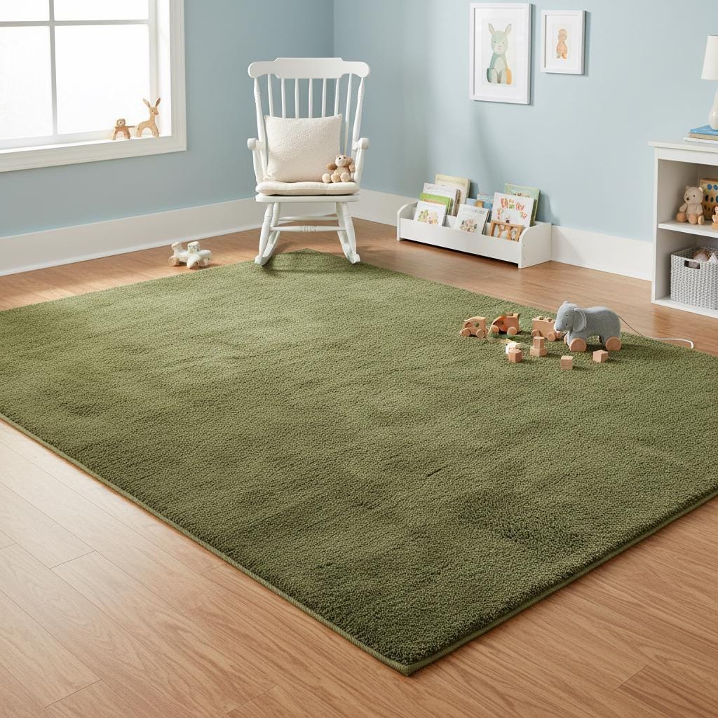 Minimalist Solid Olive Green Plush Area Rug