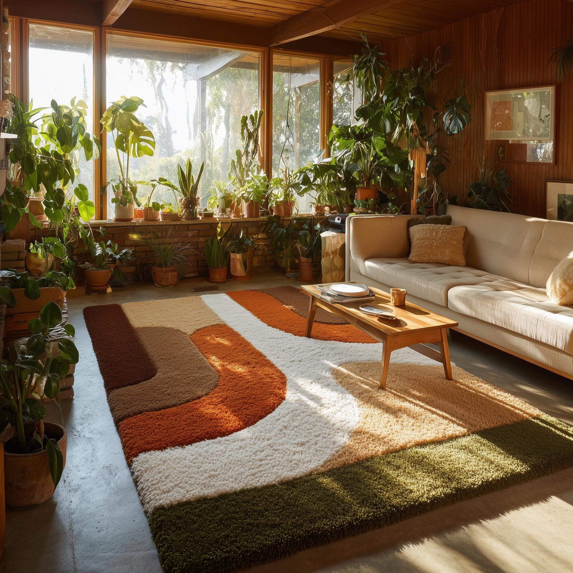 Earth tone plush rug with soft high pile texture and abstract curved block design in warm geometric colors