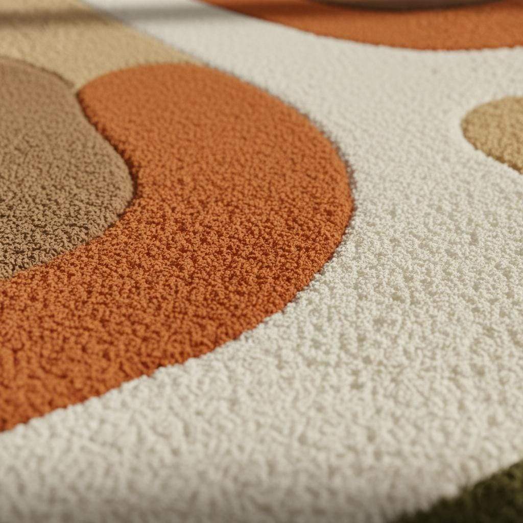 Earth tone plush rug with soft high pile and abstract mid century design in warm geometric colors