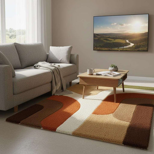 Large earth tone plush rug with abstract mid century design and soft high pile texture