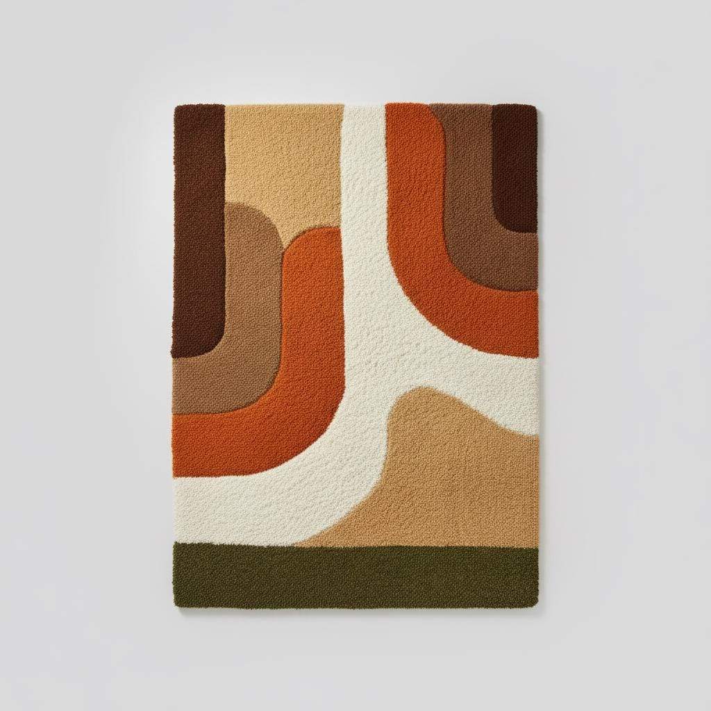 Earth tone plush rug with soft high pile and abstract mid-century design in warm geometric colors