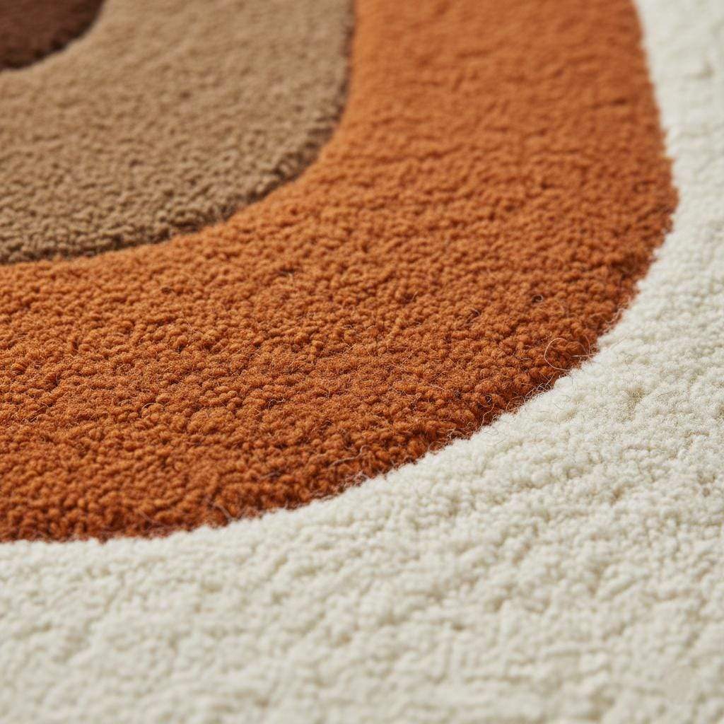 Large earth tone plush rug with soft high pile texture and mid-century abstract curved block design