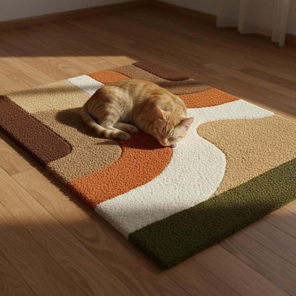Earth tone plush rug with soft high pile and abstract mid century design in warm geometric colors
