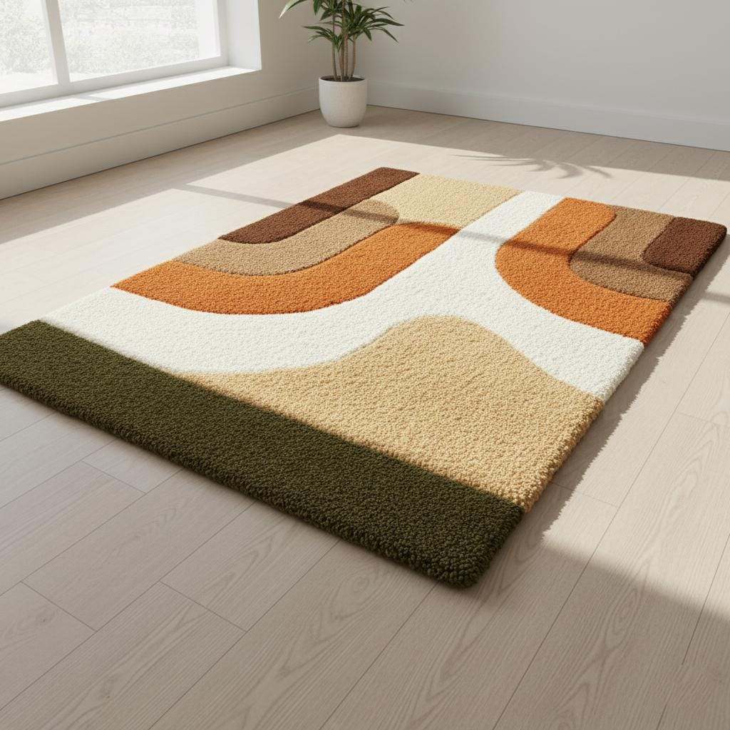 Large earth tone plush rug with soft high pile and abstract mid century design