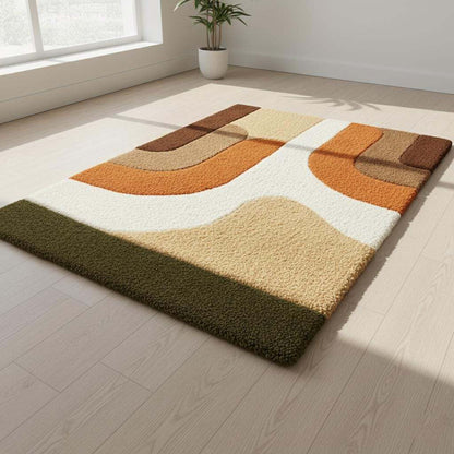 Large earth tone plush rug with soft high pile and abstract mid century design