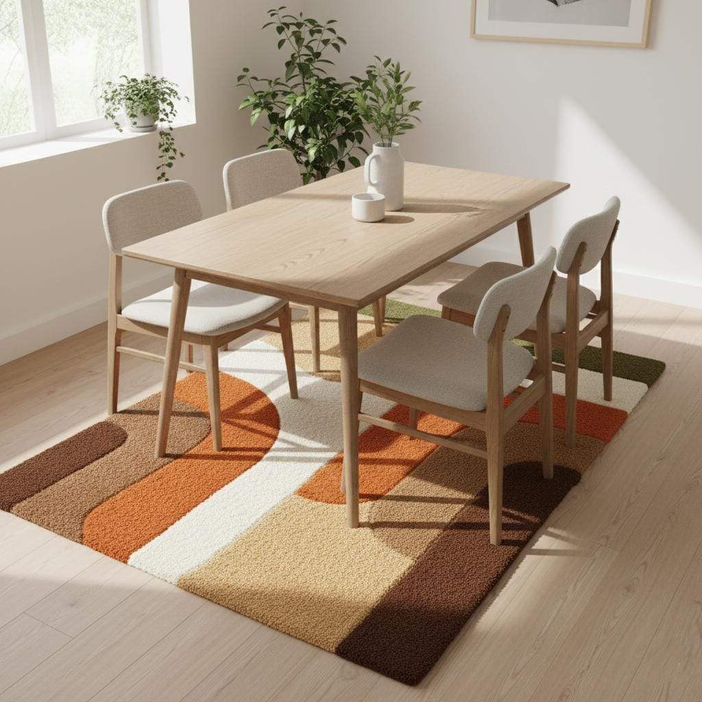 Earth tone plush rug with soft high pile and abstract mid century design in warm geometric colors