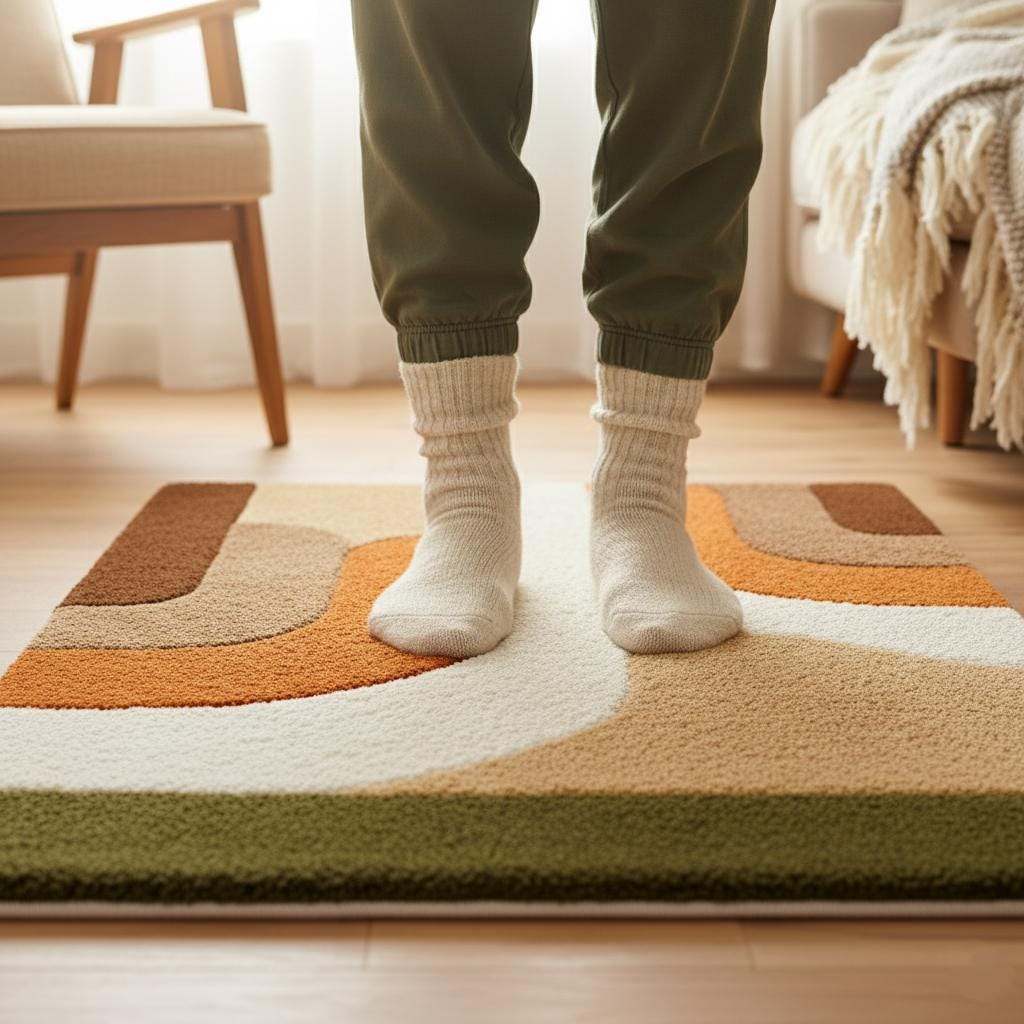 Earth tone plush rug with soft high pile texture and abstract mid-century design in warm geometric colors