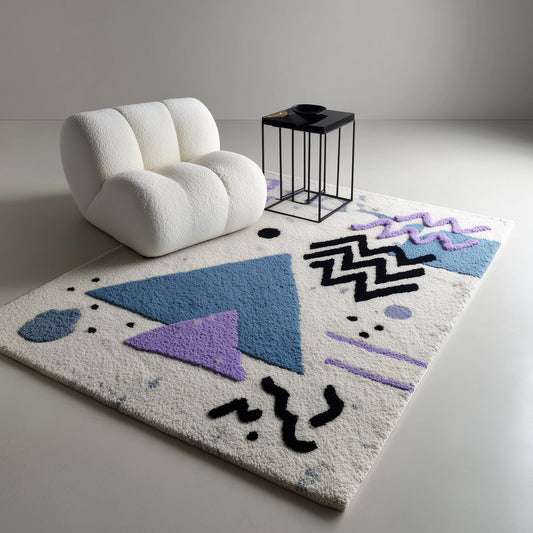 Abstract geometric rug with pastel blue and lavender shapes on ivory base, soft bouclé texture, modern Memphis style area rug