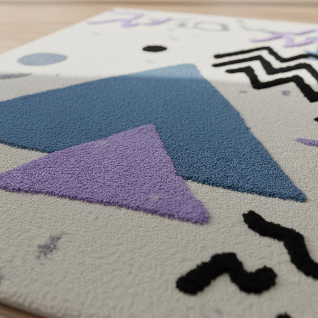 Abstract geometric rug with pastel blue and lavender shapes on ivory base and soft bouclé texture