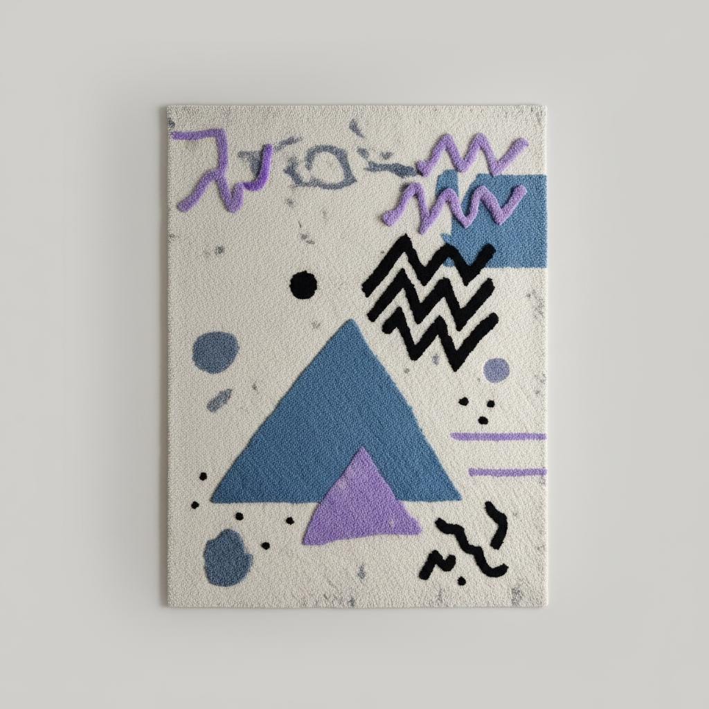 Abstract geometric rug with pastel blue and lavender shapes on ivory, soft bouclé texture and modern Memphis style design.